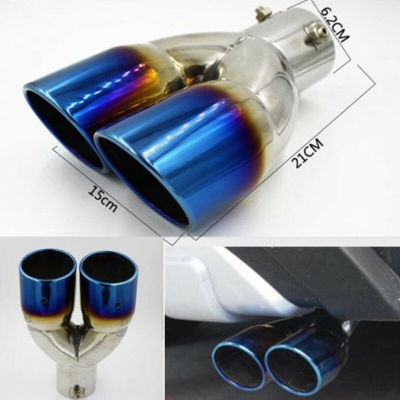 Dual Exhaust Muffler Tip Straight Twin Round Blue Burnt Stainless Steel