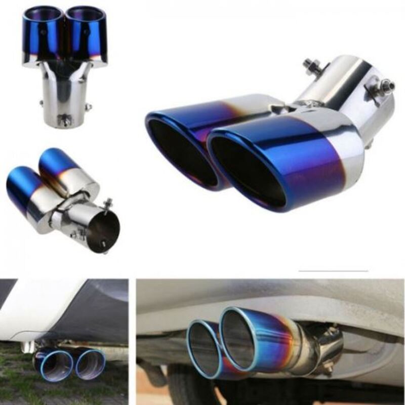 Dual Exhaust Muffler Tip Bent Twin Round Blue Burnt Stainless Steel